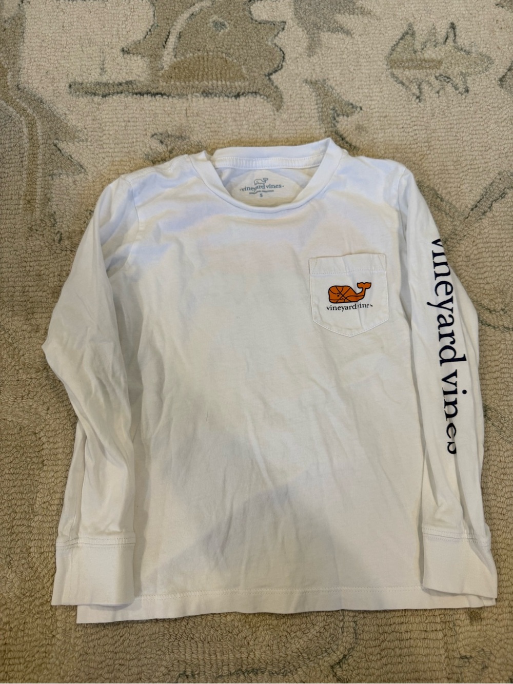Vineyard Vines White Long-Sleeve Tee with Orange Whale Pocket